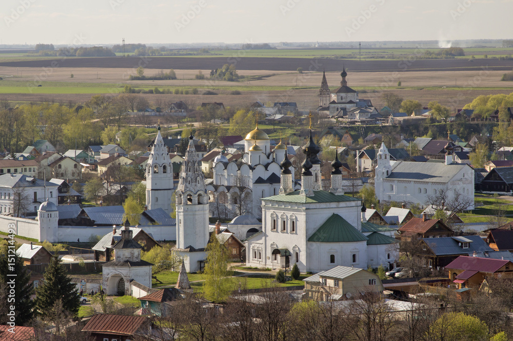 Russia - Golden Ring - Suzdal - Panorama of ancient white monuments, monasteries, walls , towers and churches. UNESCO world heritage site
