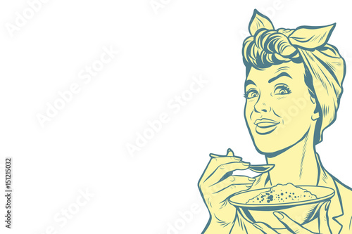 Retro woman with a bowl of cereal, isolated background