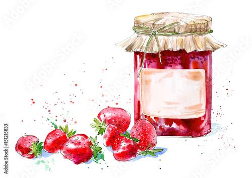 Sweet strawberry jam and berry. Watercolor hand drawn illustration. photo