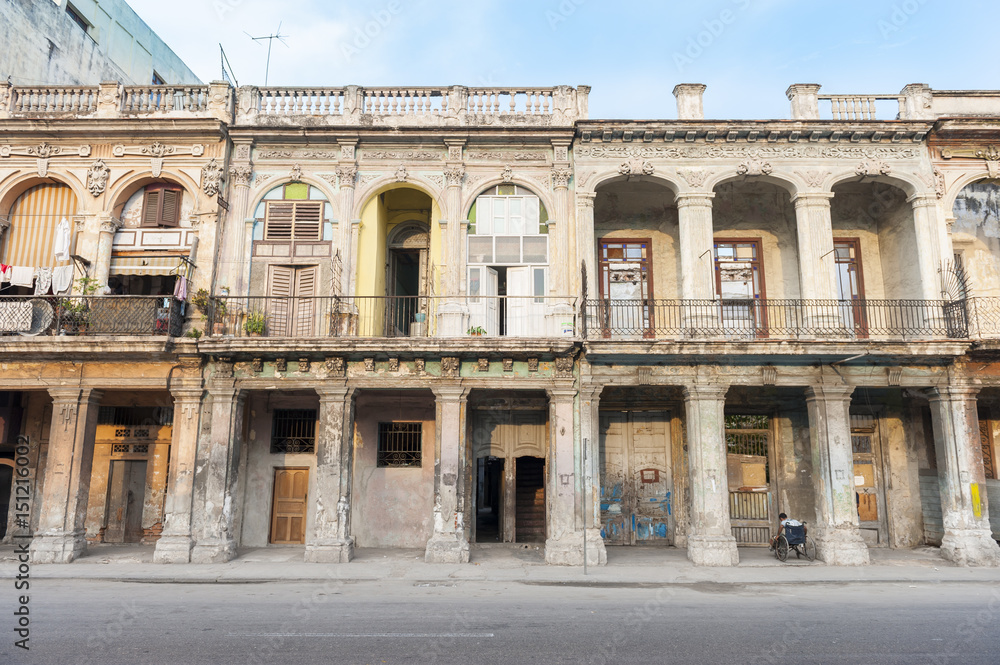 Scenic view of the crumbling colonial architecture that lines the seafront Malecon street in Havana, Cuba