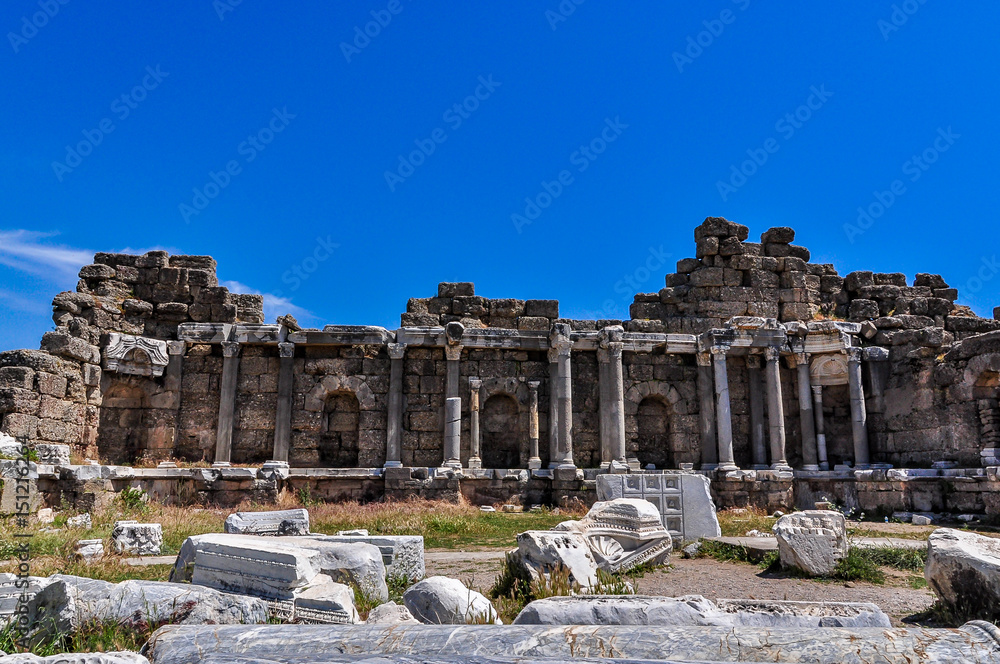 Ruins of an ancient library in Side, Antalya province, Turkey