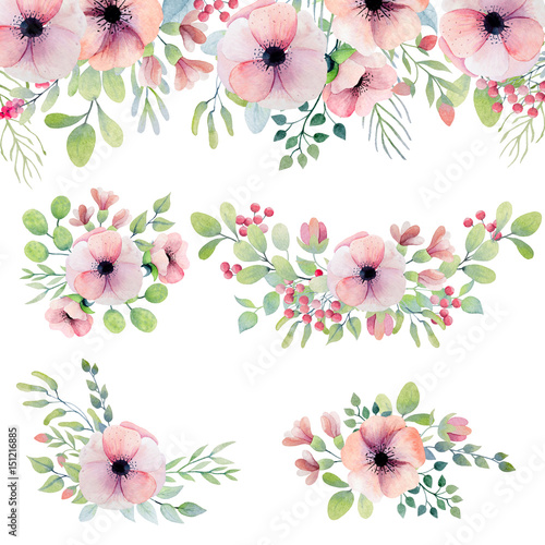 Watercolor set with pink flowers © rosypatterns