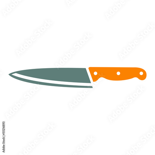 Icono plano cuchillo cocina gris y naranja en fondo blanco