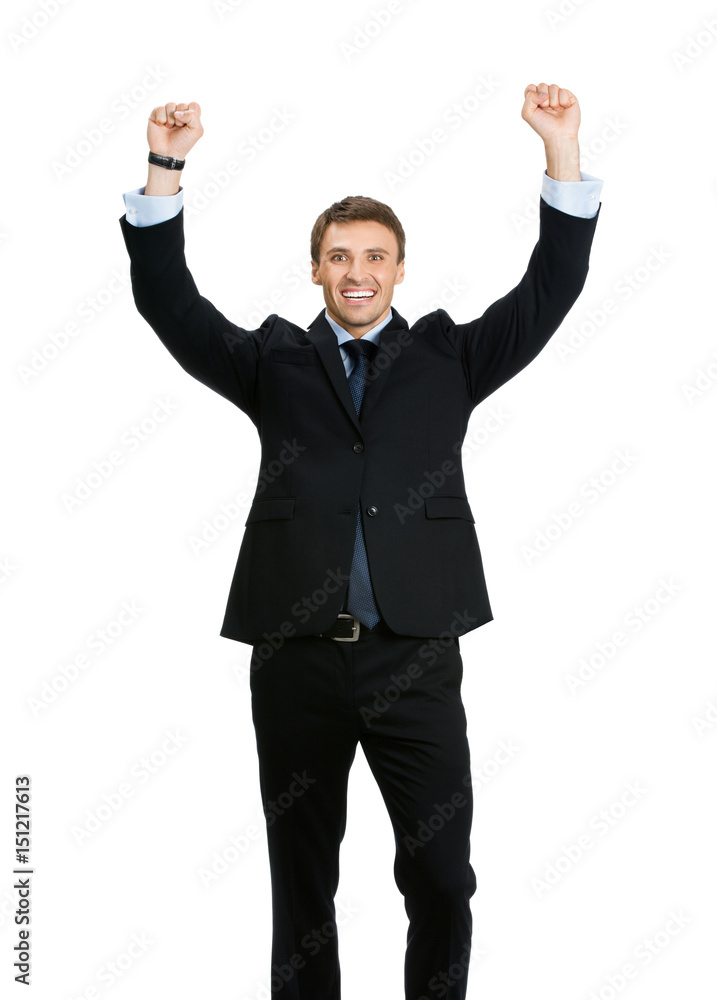 Happy successful gesturing businessman, on white Happy successful gesturing businessman, on white