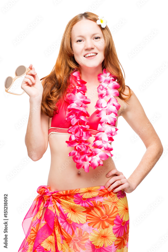 Woman with a beautiful smile in style to visit the beach on a white background Woman with a beautiful smile in style to visit the beach on a white background