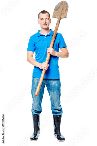 Fotografia ready for work! Farmer in full length on a white background with a shovel