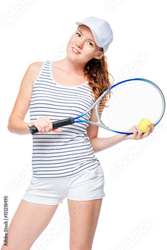 Red-haired sportswoman in a cap with a tennis racket posing © kosmos111
