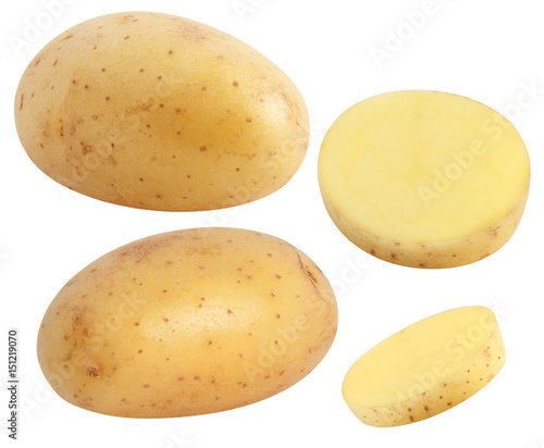 Isolated potatoes. Collection of whole and cut pieces potatoes isolated on white, with clipping path