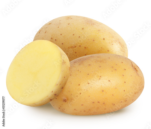 Isolated potatoes. Raw potatoes and cut piece isolated on white, with clipping path
