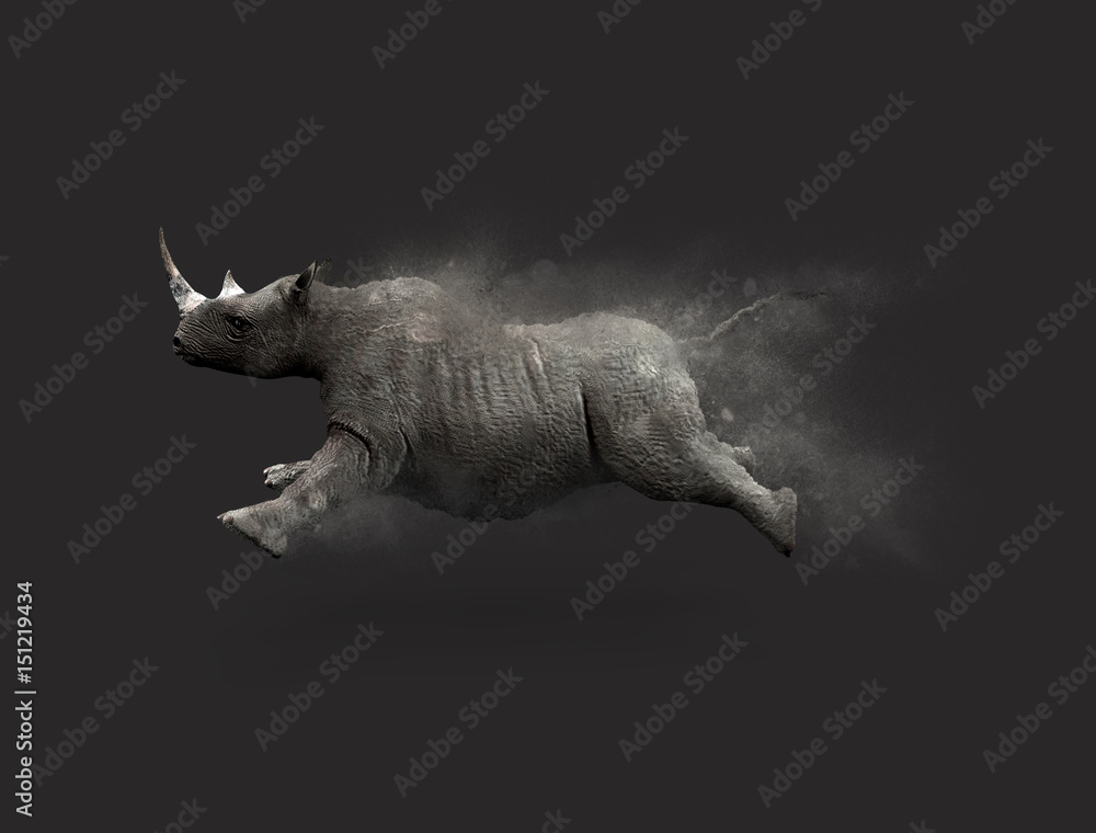 Naklejka premium A Rhino moving and jumping with dust particle effect on gray background, 3d illustration