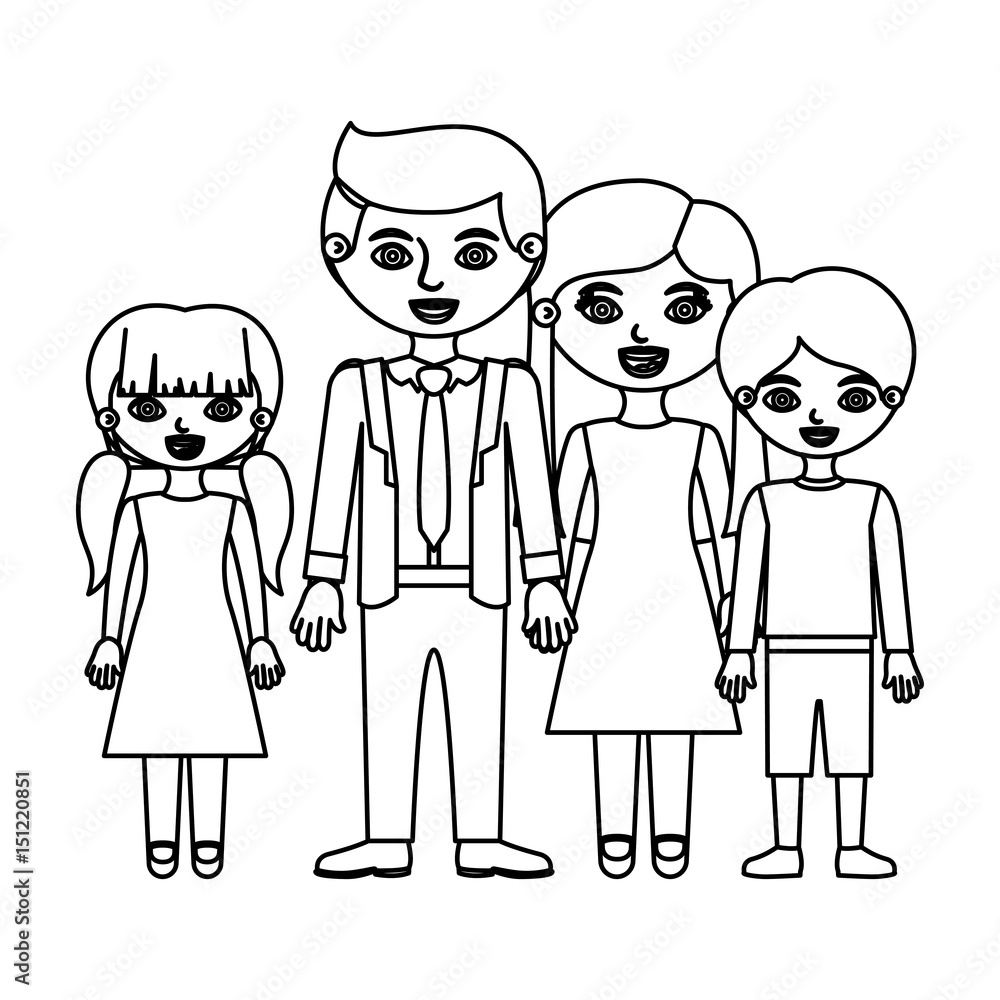 sketch silhouette family group with parents in formal suit and children in dress and shorts vector illustration sketch silhouette family group with parents in formal suit and children in dress and shorts vector illustration