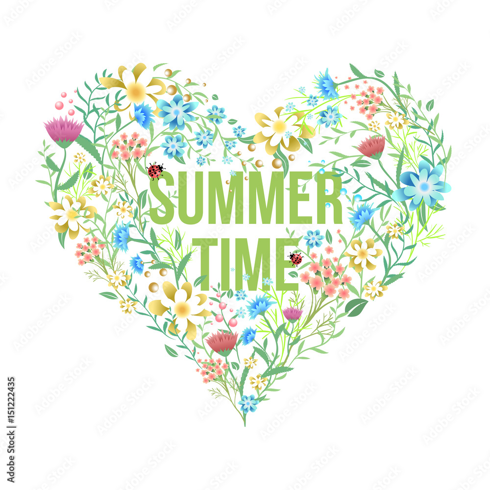 Summer banner with flowers and plants in the shape of a heart