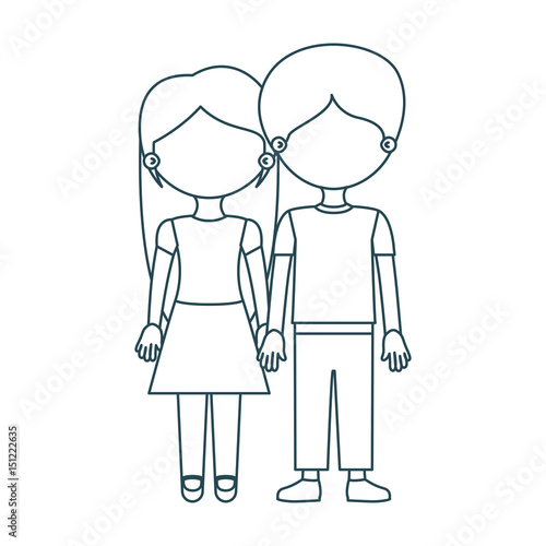 blue contour faceless couple girl with skirt and lond hair with boy in casual clothing and taken hands vector illustration © grgroup