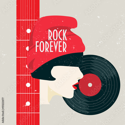 Vector minimalist illustration: vintage poster Rock Forever with  a girl, vinyl record and guitar neck.