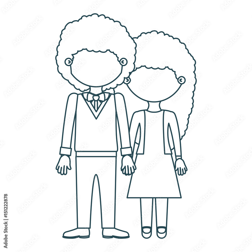 blue contour faceless curly couple woman with dress and man with bowtie and taken hands vector illustration blue contour faceless curly couple woman with dress and man with bowtie and taken hands vector illustration