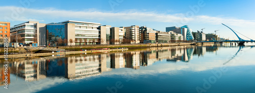 Modern buildings and offices on Liffey river in Dublin, panoramic image