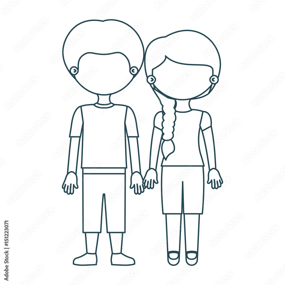 blue contour faceless couple girl with side braid hair and boy in casual clothing and taken hands vector illustration