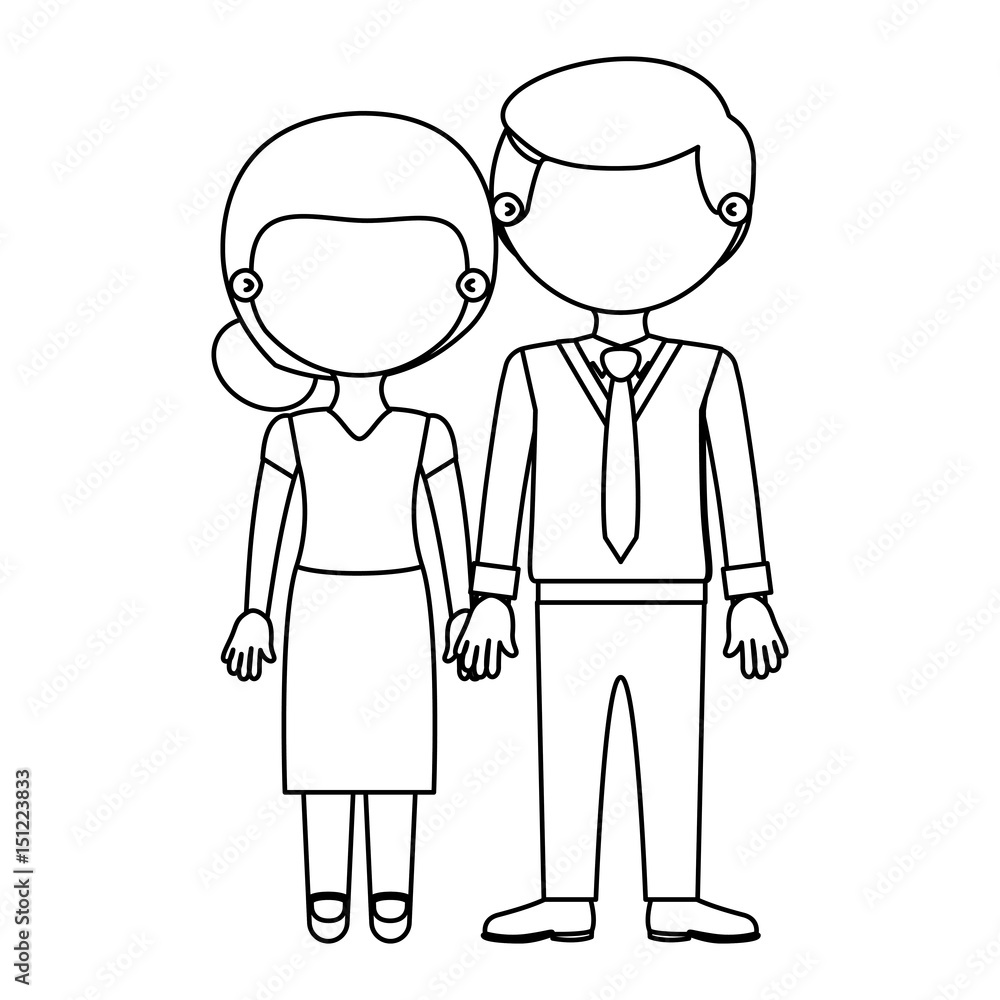 sketch silhouette faceless couple woman with skirt and blouse with man in formal style and taken hands vector illustration