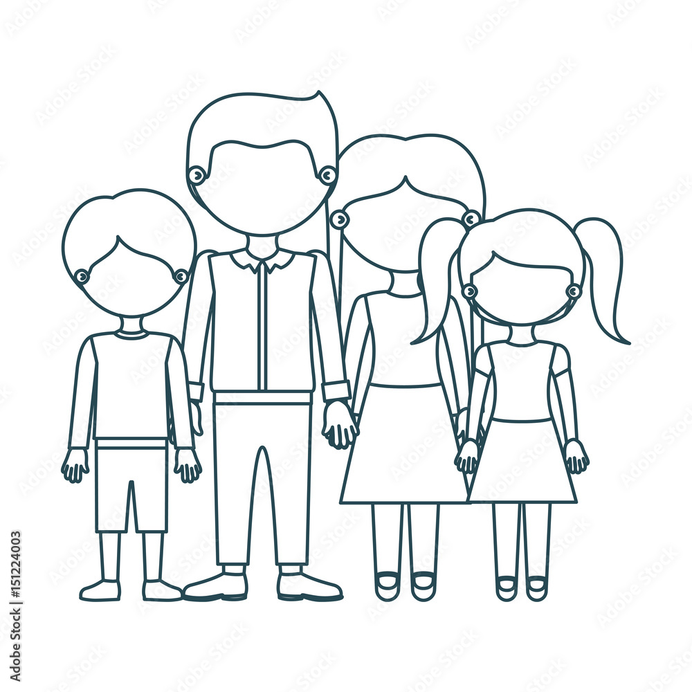 blue contour faceless family group in casual clothes and taken hands vector illustration
