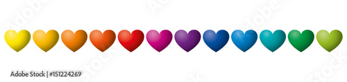 Twelve rainbow colored hearts in a row. Heart symbols in twelve unique color hues. Isolated illustration on white background. Vector.