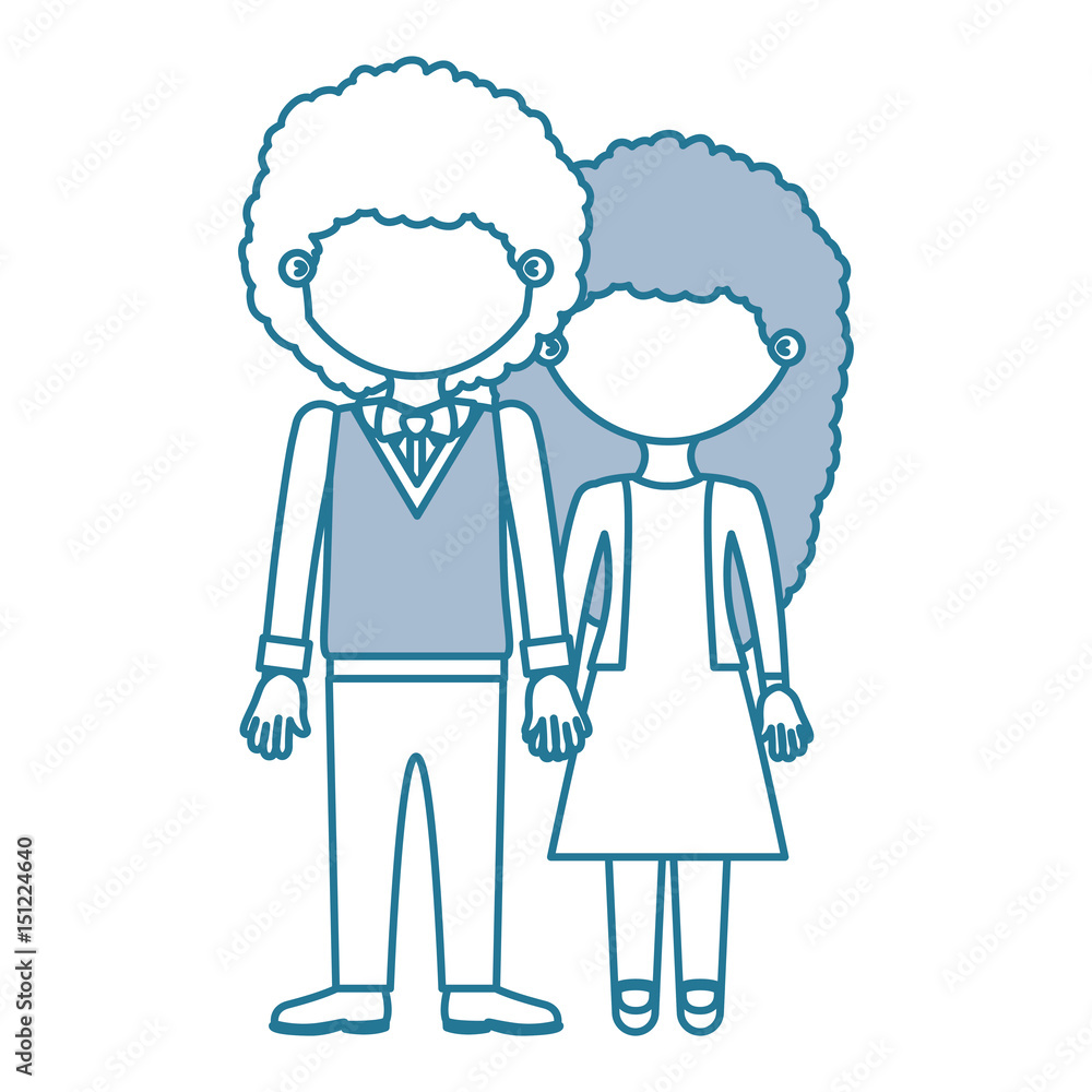 blue contour with color sections faceless curly couple woman with dress and man with bowtie and taken hands vector illustration blue contour with color sections faceless curly couple woman with dress and man with bowtie and taken hands vector illustration