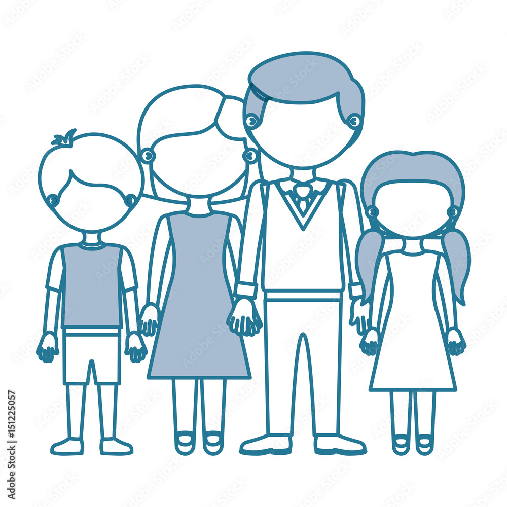 blue contour with color sections faceless family group taken hands vector illustration blue contour with color sections faceless family group taken hands vector illustration