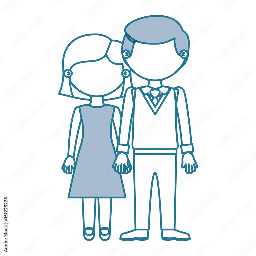 blue contour with color sections faceless couple woman with short hair and man with bowtie and taken hands vector illustration blue contour with color sections faceless couple woman with short hair and man with bowtie and taken hands vector illustration
