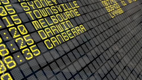 Close-up of an airport departure board to Australian cities destinations, with environment reflection. Part of a series. 4k video resolution (4096x2304).

