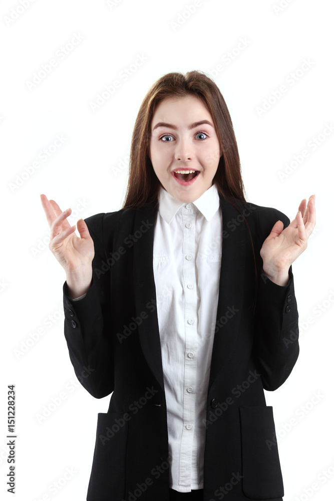 Portrait of happy nice schoolgirl teenager in white shirt on gray background, studio Portrait of happy nice schoolgirl teenager in white shirt on gray background, studio