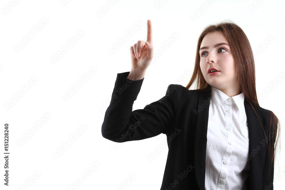 Portrait of happy nice schoolgirl teenager in white shirt on gray background, studio Portrait of happy nice schoolgirl teenager in white shirt on gray background, studio