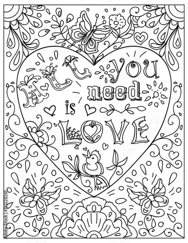 Decorative Coloring page with heart shaped frame all you need is love black and white 