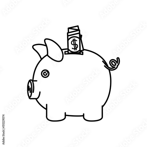 black silhouette of moneybox in shape of pig with dollar bill vector illustration