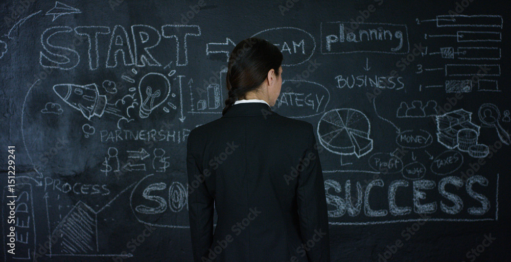 Beautiful business girl, marketing teacher, draws a graph of success on a black board, on a black background. Concept: career growth, growth chart, successful girl, marketing, ideas, finances. Beautiful business girl, marketing teacher, draws a graph of success on a black board, on a black background. Concept: career growth, growth chart, successful girl, marketing, ideas, finances.