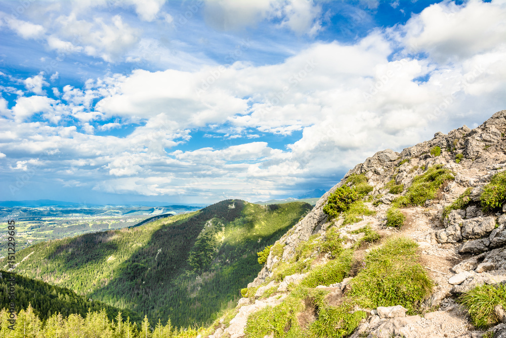 Panorama of mountain valley, view of Zakopane from the top of rocks, Tatra Mountains, Poland