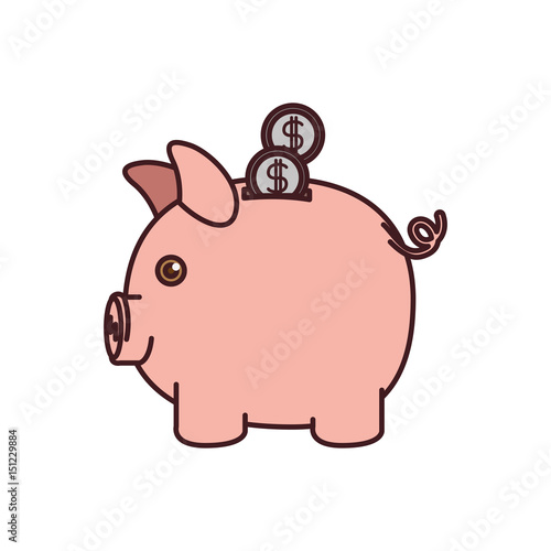 colorful silhouette of moneybox in shape of pig with coins and black contour vector illustration