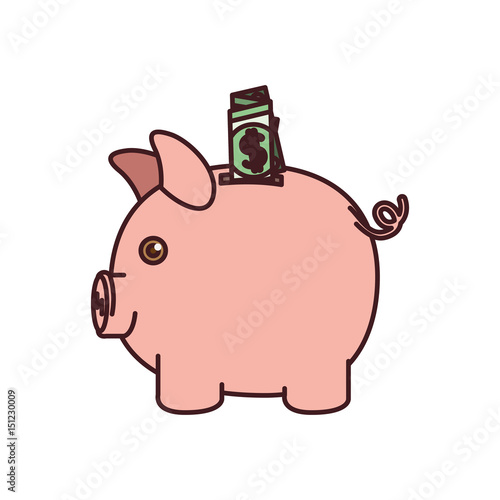 colorful silhouette of moneybox in shape of pig with dollar bill and black contour vector illustration