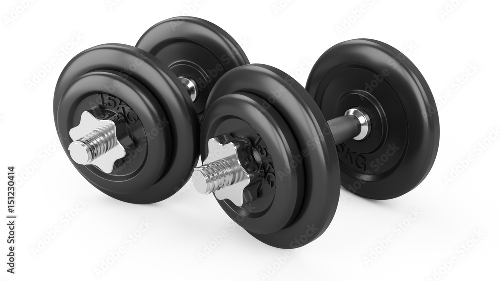 3D rendering dumbbells isolated on white background 3D rendering dumbbells isolated on white background
