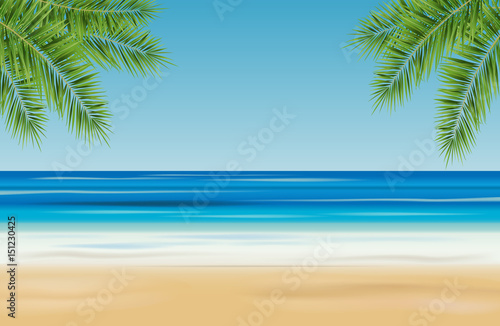 Tropical landscape with sea, sandy beach and palm trees - vector illustration