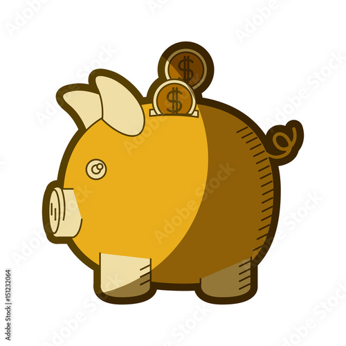 yellow aged silhouette of moneybox in shape of pig with coins vector illustration