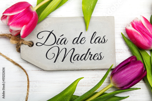 Mother's day card with Spanish words: Happy Mother's day, and  blue flowers frame on white wooden background