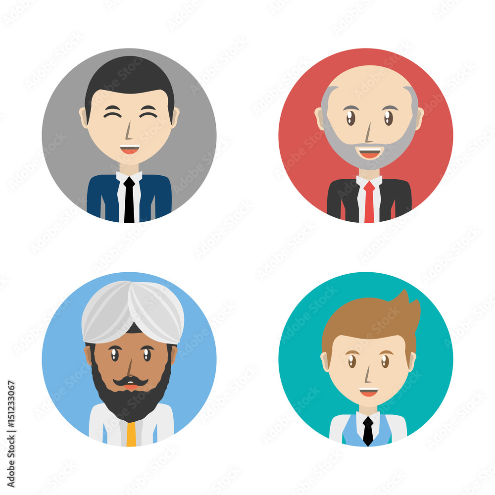 set avatars men of different diversity inside colors circles over white background, vector illustration