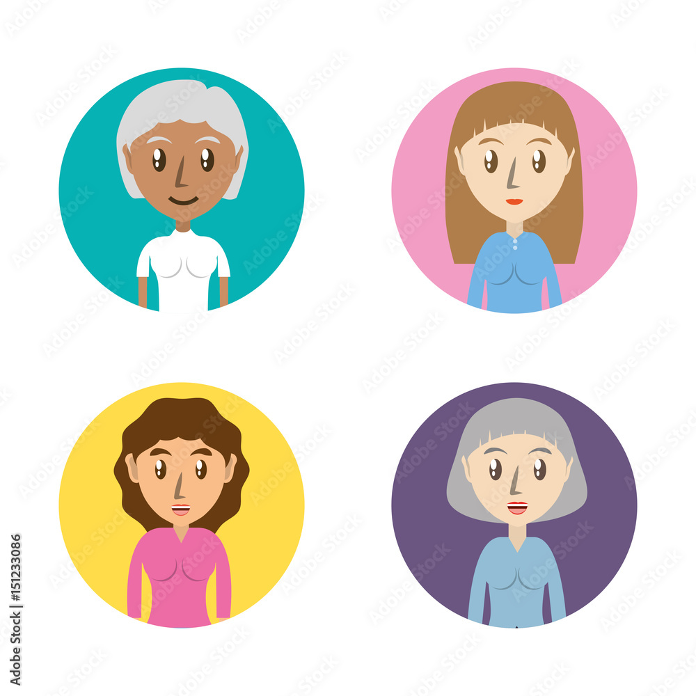 set avatars women of different diversity inside colors circles over white background, vector illustration set avatars women of different diversity inside colors circles over white background, vector illustration