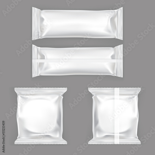 Set of vector illustrations of white plastic packing for snacks, isolated on a gray background. Mock up template, layout for branded design