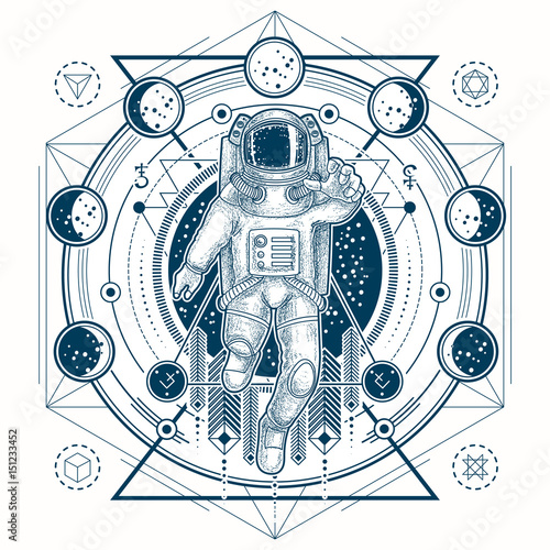 Vector illustration of a astronaut in a space suit in the background of a night starry sky  geometric sketch of a tattoo with moon phases. Print