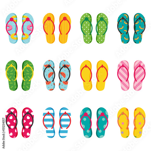 Set, collection of summer flip flops with different patterns, decoration elements.