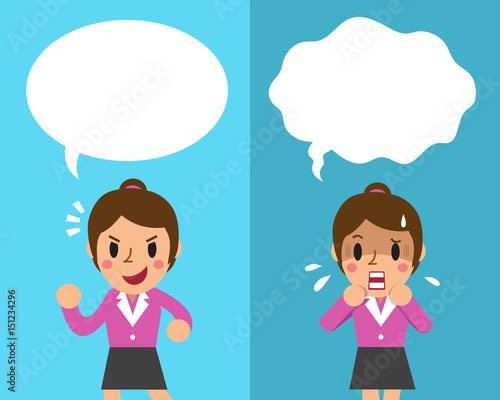 Cartoon businesswoman expressing different emotions with white speech bubbles