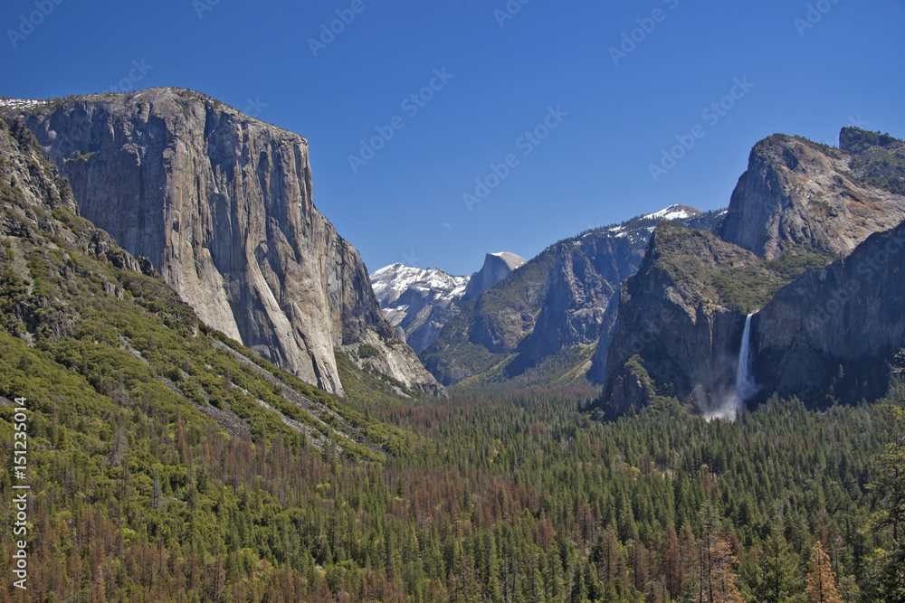 USA - Yosemite National Park - The beautiful view over Yosemite valley along with Bridalveil waterfall from Tunnel view observation point in nice sunny day