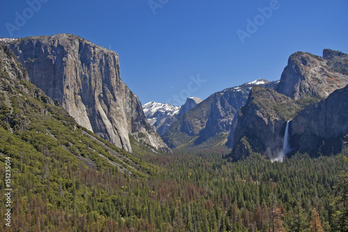 USA - Yosemite National Park - The beautiful view over Yosemite valley along with Bridalveil waterfall from Tunnel view observation point in nice sunny day