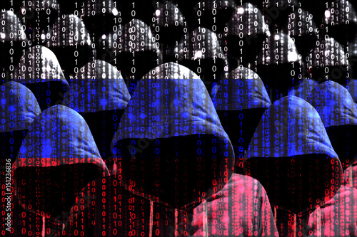 Group of hooded hackers shining through a digital russian flag