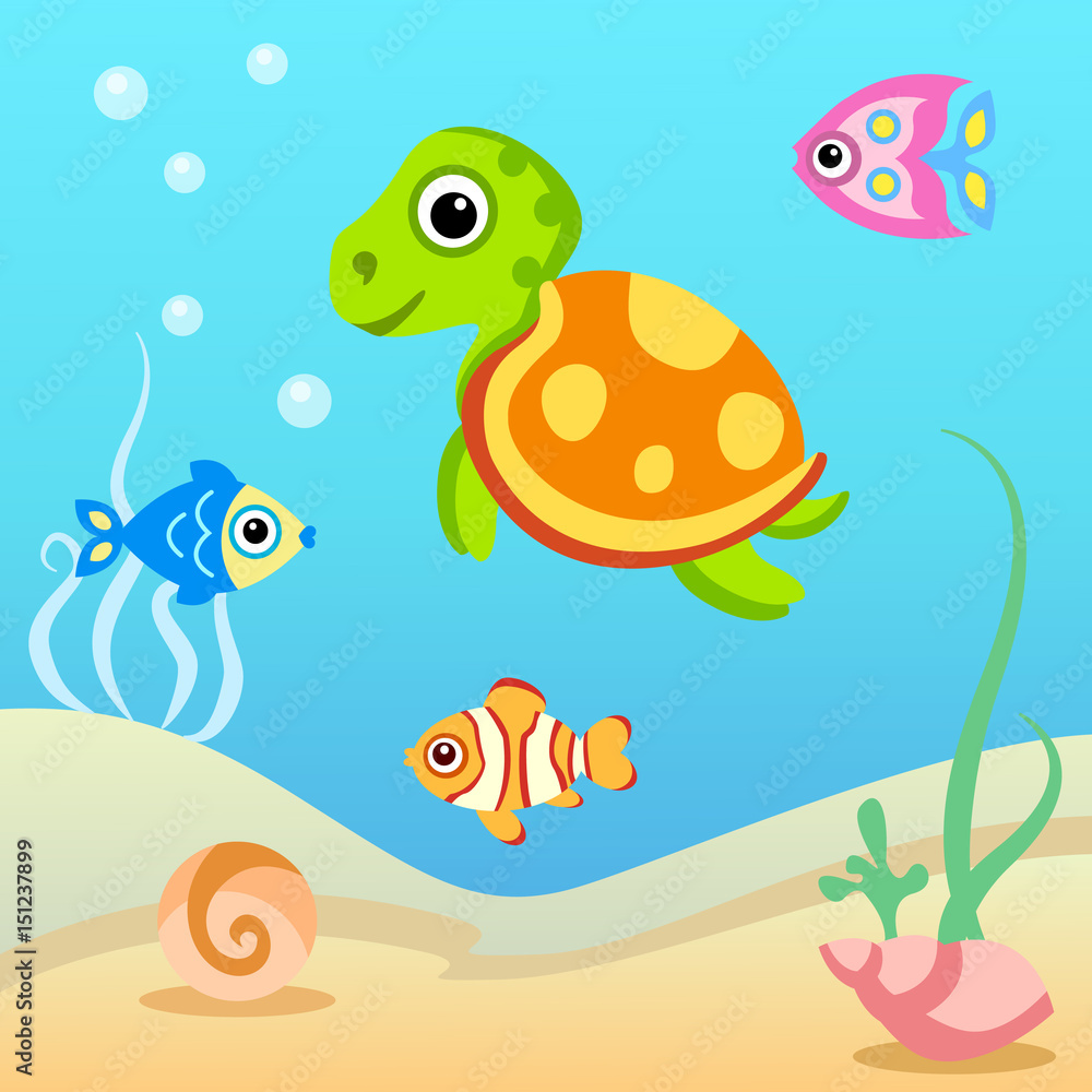Water world: turtle and fish. Water world: turtle and fish.
